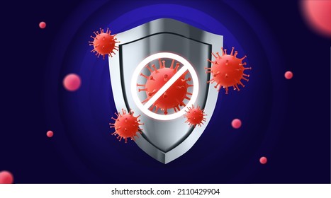 Security siver shield for virus protection. Coronavirus safety concept on blue background. Shield and virus cells of Covid-19. Vaccine