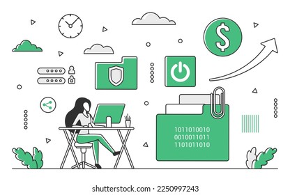 Security software application. Cyber security access, secured data files vector monocolor illustration