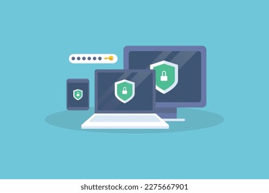 Software de seguridad que protege múltiples dispositivos digitales de ataques cibernéticos, Sitio web protegido por acceso, Privacidad de datos - ilustración vectorial con iconos