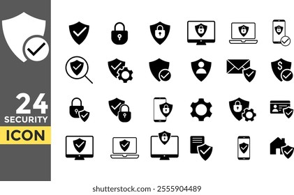 Security solid icon set. Data protection symbol. Secured network icon collection. Technology concept. Protection sign. Password symbol. Privacy icon sign

