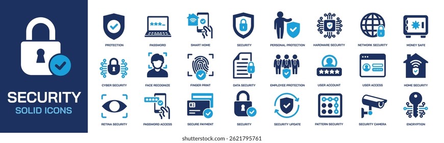 Security  solid icons collection. Containing protection, access, cyber security. Perfect pixel on transparent background. Vector illustration.