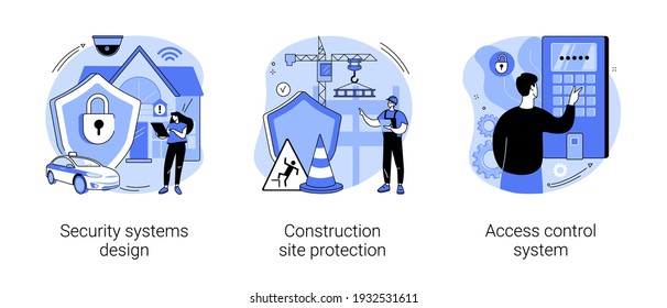 Security Solutions Abstract Concept Vector Illustration Set. Security Systems Design, Construction Site Protection, Access Control System, Commercial Building, Authorize Entry Abstract Metaphor.