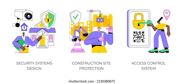 Security Solutions Abstract Concept Vector Illustration Set. Security Systems Design, Construction Site Protection, Access Control System, Commercial Building, Authorize Entry Abstract Metaphor.