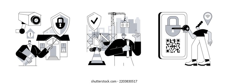 Security Solutions Abstract Concept Vector Illustration Set. Security Systems Design, Construction Site Protection, Access Control System, Commercial Building, Authorize Entry Abstract Metaphor.