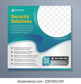 security solutions Social Media Post Trusted Service Web Banner Or Square layout Flyer Template Design. editable vector illustration, half circle space photo collage. tansparency hexagon pattern.