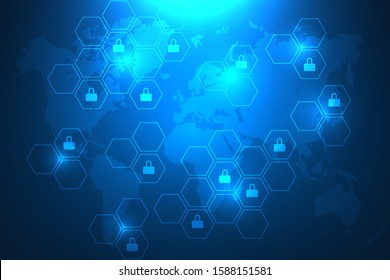 Security Solutions Technology Abstract.  Global Security digital on Abstract background. Online and House Security. Top protection and Privacy background.