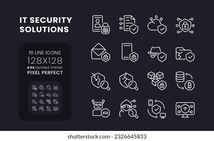 Soluciones de seguridad de TI iconos de escritorio lineales blancos en negro. Privacidad de la información. Protección de datos. Píxel perfecto 128x128, contorno 4px. El paquete de símbolos de interfaz aislada para el modo oscuro. Trazo editable