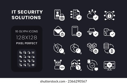 IT security solutions white solid desktop icons set. Information privacy. Data protection. Pixel perfect 128x128, outline 4px. Symbols for dark theme. Glyph pictograms. Vector isolated images