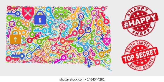 Security South Dakota State map and stamps. Red round Top Secret and #Happy distress stamps. Colorful South Dakota State map mosaic of different security items.