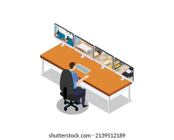 Security staff vector concept. Security man watching video surveillance while sitting in front of monitors