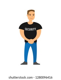 Security Standing On Entrance Strong Character Vector. Body Guard Of Club, Safety Person With Big Muscles, Person Working In Entertaining Instance