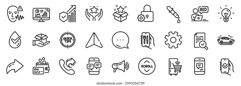 Security statistics, Restaurant app and Analytics graph line icons pack. Share, Message, Paper plane icons. Refrigerator, Share call, Ranking web icon. Vector