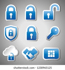 Security Sticker Icon Set - Blue Vector Illustrations - Isolated On Gray Gradient Background