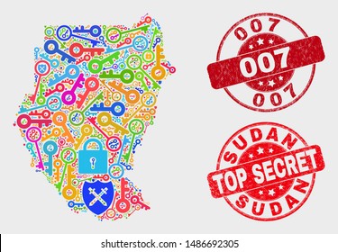 Security Sudan map and stamps. Red round Top Secret and 007 scratched stamps. Colored Sudan map mosaic of different shield elements. Vector combination for guard purposes.