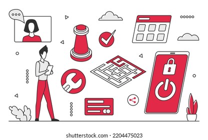 Security support service. Data protection, network guards, antivirus program vector monocolor illustration