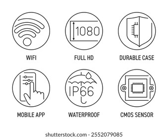 Conjunto de ícones de características gerais da câmera de vigilância de segurança - módulo Wi-Fi, resolução Full HD, caso durável, controle de aplicativo móvel. Estojo impermeável e sensor CMOS. Pictogramas para rotulagem em linha fina e