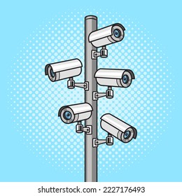 security surveillance camera pole pinup pop art retro vector illustration. Comic book style imitation.