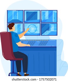 Security surveillance center video camera concept room, policeman service worker watch city security isolated on white, cartoon vector illustration. Male character sitting chair observation screen.