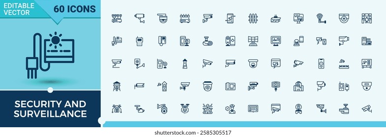 Security And Surveillance icon pack. Containing computer, camera, technology, cyber, cctv, privacy, car, secure. Icon design. Solid line editable stroke. Vector line and solid icons.