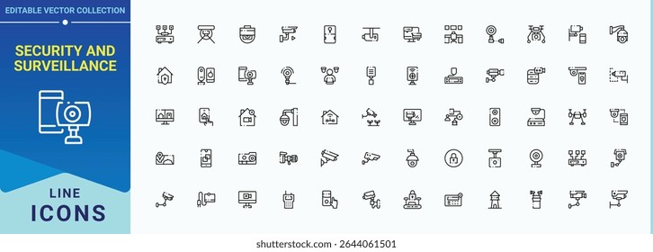 Security And Surveillance icon set. Contain linear sign surveillance, access, lock, protection, secure, guard, defense and more. Guard icon set. Modern icons collection. Signs for web and mobile app.