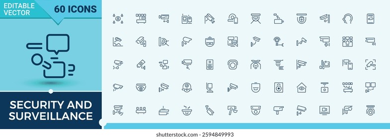 Security And Surveillance icons set. Pack of camera, privacy, security, cyberspace, protection and more. UI icon set in a thin design. Editable stroke. Vector illustration.