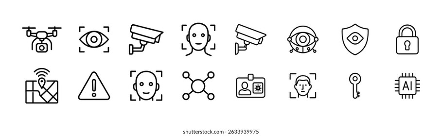 Seguridad, vigilancia lineal conjunto de iconos - privacidad, cámara, símbolos de tecnología