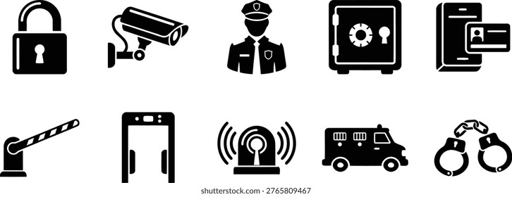 Security and Surveillance solid icon set. Featuring Padlock Security Camera Police Officer Biometric Scanner Smartphone Security Metal Chain Security Gate Wireless Signal Police Van and Handcuffs. Vector icons for safety and protection projects.