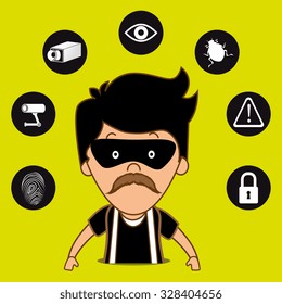 Security and surveillance system over yellow background, vector graphic.