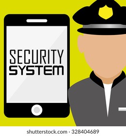 Security and surveillance system over yellow background, vector graphic.