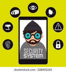 Security and surveillance system over yellow background, vector graphic.