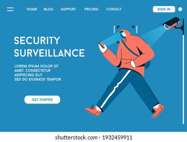 Concepto de la página de inicio del Vector de Vigilancia de Seguridad. Hombre caminando, cámaras de CCTV escaneándolo, identificándolo, recogiendo información. Seguridad pública, sistema de guardias. Ilustración de caracteres del banner publicitario