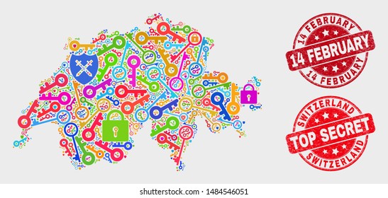 Security Switzerland map and seal stamps. Red rounded Top Secret and 14 February distress seal stamps. Colorful Switzerland map mosaic of different guard symbols. Vector collage for guard purposes.