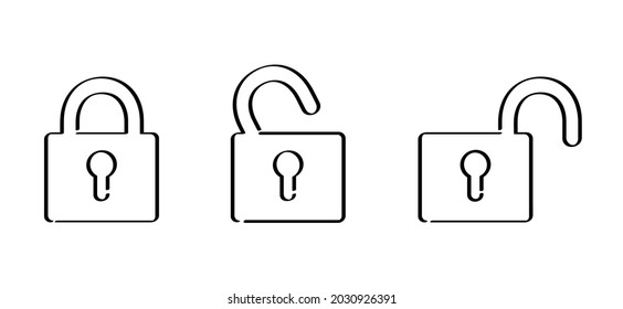 Security symbol. Padlock icons. closed, half open and open icon. closed lock, opened lock, keyhole in head, Flat vector locks signs. Close or open padlocks.