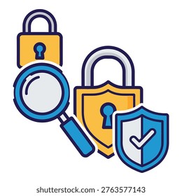 Security symbols padlock shield and magnifying glass on white background icon