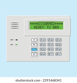 Security system alarm keypad control panel with display. Editable EPS 10 Vector graphic illustration isolated on light blue background.