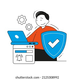 Security system alert development protective service vector flat illustration. Male developer working use laptop with secure mechanism personal data protection. Privacy information privacy idea