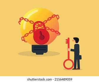 Security system. Businessman holding a padlock looking at a locked light bulb, analyzing, banking