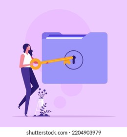 Security system. Businesswoman open the lock folder. Data security. Secret information in work.
Personal files concept