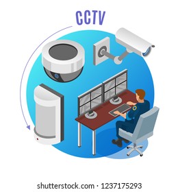 Security system cctv cameras motion sensors observation monitoring devices operator isometric composition blue round background vector illustration