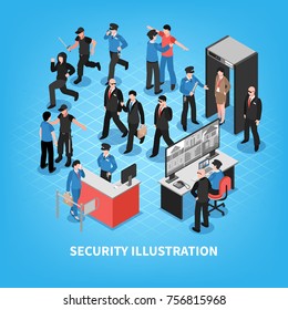 Security system composition with bodyguards, officers, criminals, access control, video surveillance on blue background isometric vector illustration