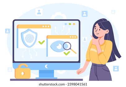 Security system at computer concept. Woman with protection of personal information and data. Antivrus at pc. Authorization. Cartoon flat vector illustration isolated on white background