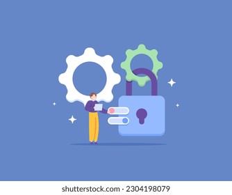 Security system configuration. Set a password. security and safety management. a user with gear and padlocks. protection of user privacy. illustration concept design. vector elements. blue background