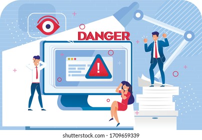 Security System Cyber Attack Hacking Danger Warning Signal. Scam Alert On Monitor. Data Protection Failure. Upset Office Worker Business People Near Huge Computer Under Lamp. Digital Protecting Eye