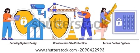 Security system design, construction site protection, authorized access control system concept with people character. Construction security services illustration set. Video surveillance metaphor.