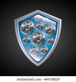 Security system design represented by gears inside blue shield icon. Colorfull illustration. 