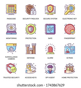 Security system flat icons set. Electronic key, surveillance camera and fingerprint, detecting and monitoring, id pass, safe, spy agent line pictograms for mobile app. Home protection vector icon pack