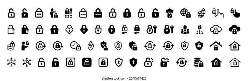 Security system icon collection. Containing padlock, key, locked, protection shield icon. Vector illustration