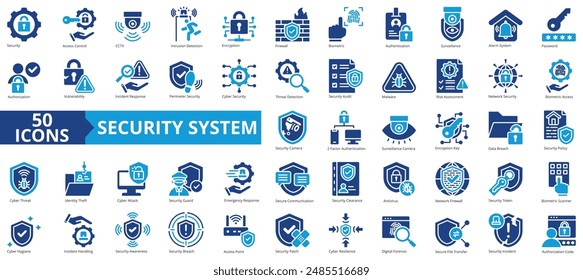 Security system icon collection set. Containing access control, cctv, intrusion detection, encryption, firewall, biometric, authentication icon. Simple flat  vector.