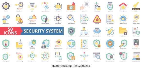 Conjunto de colección de iconos de sistema de seguridad. Contiene control de acceso, cctv, detección de intrusiones, cifrado, firewall, biométrico, icono de autenticación. Ilustración de color plano simple.