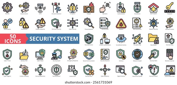 Security system icon collection set. Containing access control, cctv, intrusion detection, encryption, firewall, biometric, authentication icon. Simple flat outline vector illustration